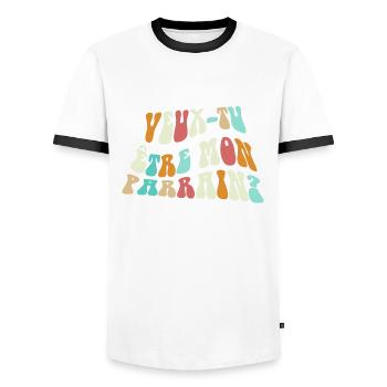 Veux tu être mon parrain - demande de parrain - T-shirt contrasté Homme - blanc/noir - Devant - AI Model Female 172 light (172cm) & AI Model Male 178 dark (178cm)