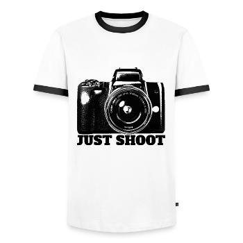 Camera Shoot Photo Shoot Photographer Gift Idea - Men's Ringer Shirt - white/black - Front - AI Model Female 172 light (172cm) & AI Model Male 178 dark (178cm)