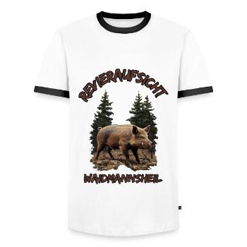 Jäger-Waidmannsheil Revieraufsicht-Wildschwein - T-shirt contrasté Homme - blanc/noir - Devant - AI Model Female 172 light (172cm) & AI Model Male 178 dark (178cm)