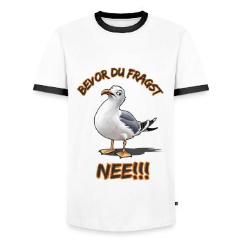 Funny saying with seagull Before you ask No !! - Men's Ringer Shirt - white/black - Front - AI Model Female 172 light (172cm) & AI Model Male 178 dark (178cm)