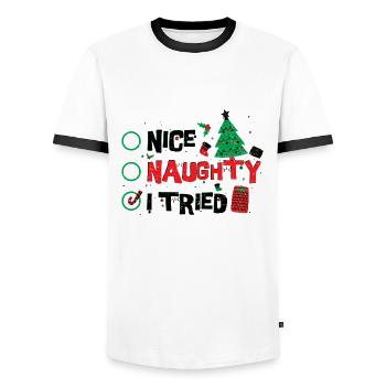 Nice Naughty I Tried - Christmas - Men's Ringer Shirt - white/black - Front - AI Model Female 172 light (172cm) & AI Model Male 178 dark (178cm)