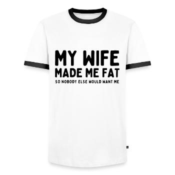 Ma femme m’a fait grossir - T-shirt contrasté Homme - blanc/noir - Devant - AI Model Female 172 light (172cm) & AI Model Male 178 dark (178cm)