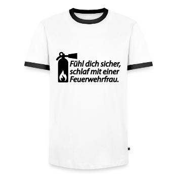 Fühl dich sicher, schlaf mit einer Feuerwehrfrau. - Männer Kontrast-T-Shirt - Weiß/Schwarz - Vorne - AI Model Female 172 light (172cm) & AI Model Male 178 dark (178cm)