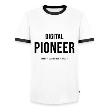 Digital Pioneer Since I ve learned how to spell it - Men's Ringer Shirt - white/black - Front - AI Model Female 172 light (172cm) & AI Model Male 178 dark (178cm)