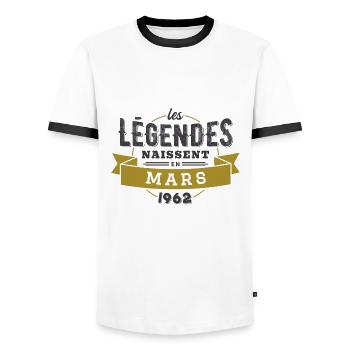 Les légendes naissent en mars 1962 - T-shirt contrasté Homme - blanc/noir - Devant - AI Model Female 172 light (172cm) & AI Model Male 178 dark (178cm)