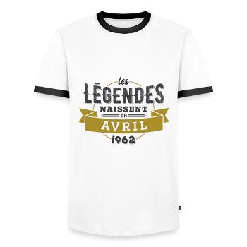 Les légendes naissent en avril 1962 - T-shirt contrasté Homme - blanc/noir - Devant - AI Model Female 172 light (172cm) & AI Model Male 178 dark (178cm)