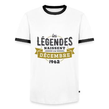 Les légendes naissent en décembre 1962 - T-shirt contrasté Homme - blanc/noir - Devant - AI Model Female 172 light (172cm) & AI Model Male 178 dark (178cm)