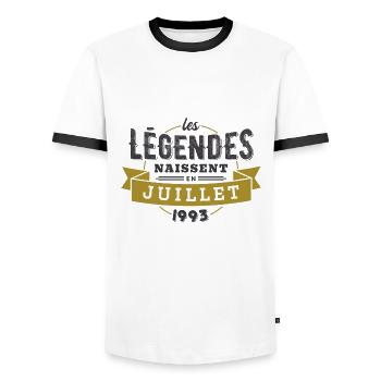 Les légendes naissent en juillet 1993 anniversaire - T-shirt contrasté Homme - blanc/noir - Devant - AI Model Female 172 light (172cm) & AI Model Male 178 dark (178cm)
