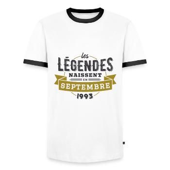 Les légendes naissent en septembre 1993 - T-shirt contrasté Homme - blanc/noir - Devant - AI Model Female 172 light (172cm) & AI Model Male 178 dark (178cm)