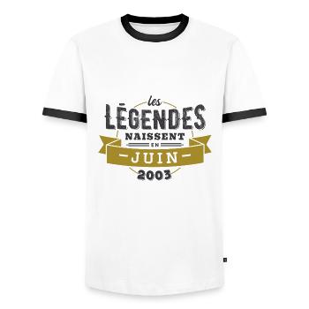 Les légendes naissent en juin 2003 anniversaire - T-shirt contrasté Homme - blanc/noir - Devant - AI Model Female 172 light (172cm) & AI Model Male 178 dark (178cm)