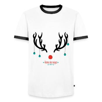 snow reindeer, santa claus, gift - Men's Ringer Shirt - white/black - Front - AI Model Female 172 light (172cm) & AI Model Male 178 dark (178cm)