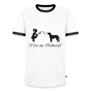 Bullmastiff mit Frau - Männer Kontrast-T-Shirt - Weiß/Schwarz - Vorne - AI Model Female 172 light (172cm) & AI Model Male 178 dark (178cm)