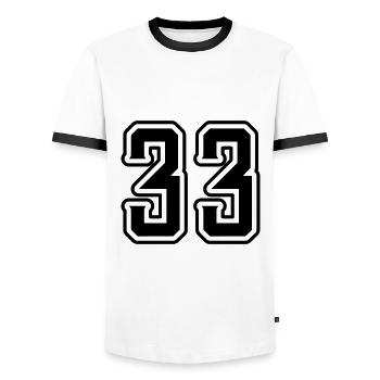 33 Zahl symbol - Männer Kontrast-T-Shirt - Weiß/Schwarz - Vorne - AI Model Female 172 light (172cm) & AI Model Male 178 dark (178cm)