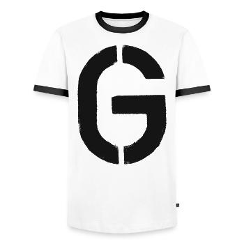 G - Stencil / Letter - Men's Ringer Shirt - white/black - Front - AI Model Female 172 light (172cm) & AI Model Male 178 dark (178cm)