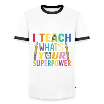 I Teach What's Your Superpower - Men's Ringer Shirt - white/black - Front - AI Model Female 172 light (172cm) & AI Model Male 178 dark (178cm)