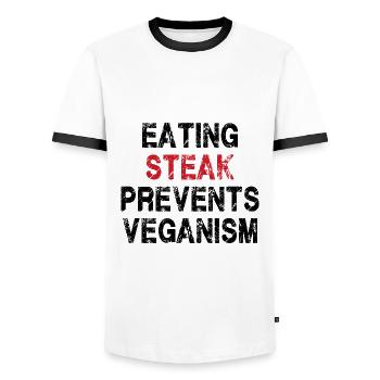 Steak essen verhindert Veganis - Männer Kontrast-T-Shirt - Weiß/Schwarz - Vorne - AI Model Female 172 light (172cm) & AI Model Male 178 dark (178cm)