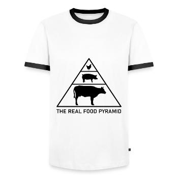 La vraie pyramide alimentaire - Bœuf, porc, poulet - T-shirt contrasté Homme - blanc/noir - Devant - AI Model Female 172 light (172cm) & AI Model Male 178 dark (178cm)