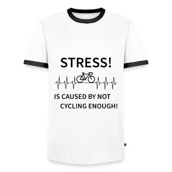 Stress - is caused by not cycling enough - Men's Ringer Shirt - white/black - Front - AI Model Female 172 light (172cm) & AI Model Male 178 dark (178cm)