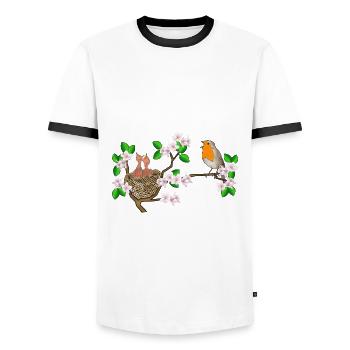 Robins, nest, cherry blossoms - Men's Ringer Shirt - white/black - Front - AI Model Female 172 light (172cm) & AI Model Male 178 dark (178cm)