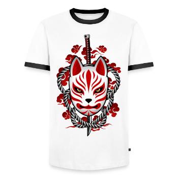 Japan Kitsune - Forest Demon Mask - Men's Ringer Shirt - white/black - Front - AI Model Female 172 light (172cm) & AI Model Male 178 dark (178cm)