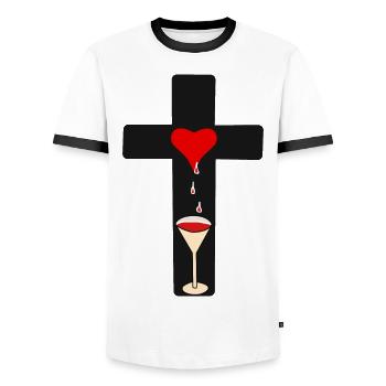 Cross of Christ Blood Horror Halloween Goth Occult - Men's Ringer Shirt - white/black - Front - AI Model Female 172 light (172cm) & AI Model Male 178 dark (178cm)