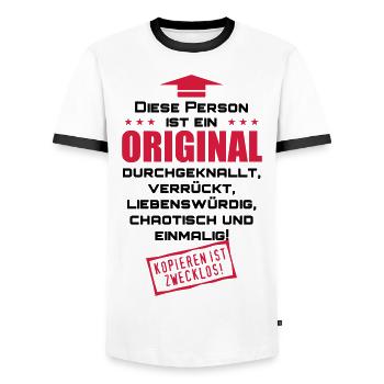 44 Diese Person ist ein ORIGINAL Spruch lustig 2c - Männer Kontrast-T-Shirt - Weiß/Schwarz - Vorne - AI Model Female 172 light (172cm) & AI Model Male 178 dark (178cm)