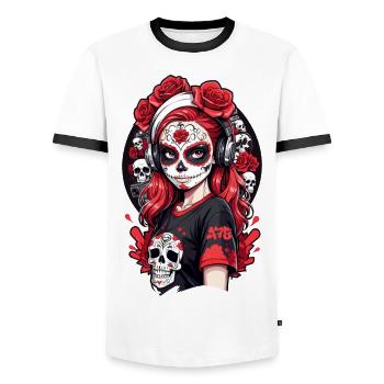 Sugar Skull Girl with Red Hair and White Headband - Men's Ringer Shirt - white/black - Front - AI Model Female 172 light (172cm) & AI Model Male 178 dark (178cm)