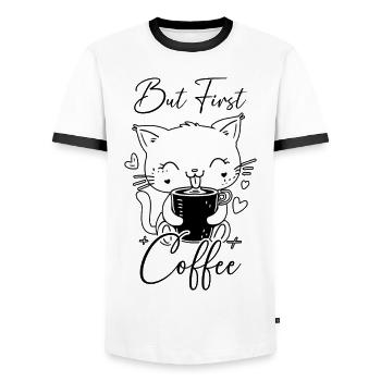 Katze Kaffee But First Coffee Morgenmuffel Lustig - Männer Kontrast-T-Shirt - Weiß/Schwarz - Vorne - AI Model Female 172 light (172cm) & AI Model Male 178 dark (178cm)