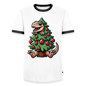Weihnachten T-Rex Dinosaurier Weihnachtsbaum Carto - Männer Kontrast-T-Shirt - Weiß/Schwarz - Vorne - AI Model Female 172 light (172cm) & AI Model Male 178 dark (178cm)