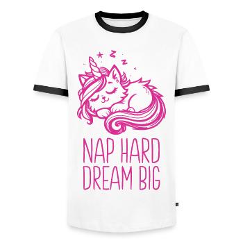Nap Hard Dream Big Sleeping Unicorn Cat - Men's Ringer Shirt - white/black - Front - AI Model Female 172 light (172cm) & AI Model Male 178 dark (178cm)