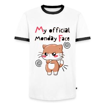 My Official Monday Face. White Version - Men's Ringer Shirt - white/black - Front - AI Model Female 172 light (172cm) & AI Model Male 178 dark (178cm)