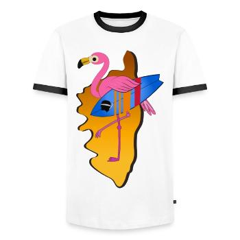 Corsica map with flamingo and surfboard Corsica - Men's Ringer Shirt - white/black - Front - AI Model Female 172 light (172cm) & AI Model Male 178 dark (178cm)
