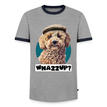 Dog Poodle Pepe whazzup Funny Sayings Gift - Men's Ringer Shirt - grey/navy  - Front - AI Model Female 172 light (172cm) & AI Model Male 178 light (178cm)