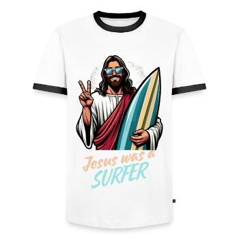 Surfer Surfing Jesus Urlaub Cool - Männer Kontrast-T-Shirt - Weiß/Schwarz - Vorne - AI Model Female 172 light (172cm) & AI Model Male 178 dark (178cm)