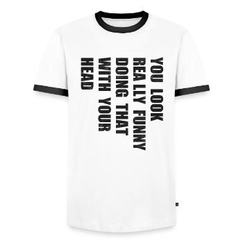 funny text - Men's Ringer Shirt - white/black - Front - AI Model Female 172 light (172cm) & AI Model Male 178 dark (178cm)