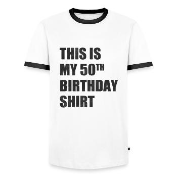 50th birthday - Men's Ringer Shirt - white/black - Front - AI Model Female 172 light (172cm) & AI Model Male 178 dark (178cm)