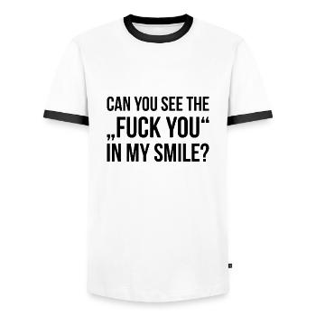 CAN YOU SEE THE FUCK YOU IN MY SMILE funny quote - Männer Kontrast-T-Shirt - Weiß/Schwarz - Vorne - AI Model Female 172 light (172cm) & AI Model Male 178 dark (178cm)