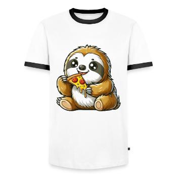 Cute Sloth Enjoys Pizza Cartoon - Men's Ringer Shirt - white/black - Front - AI Model Female 172 light (172cm) & AI Model Male 178 dark (178cm)