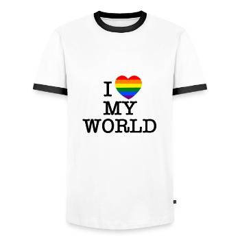 I love my world - Men's Ringer Shirt - white/black - Front - AI Model Female 172 light (172cm) & AI Model Male 178 dark (178cm)