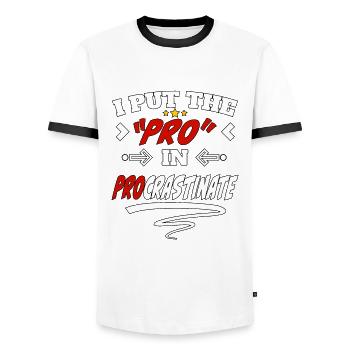 I Put the Pro in Procrastinate - Men's Ringer Shirt - white/black - Front - AI Model Female 172 light (172cm) & AI Model Male 178 dark (178cm)