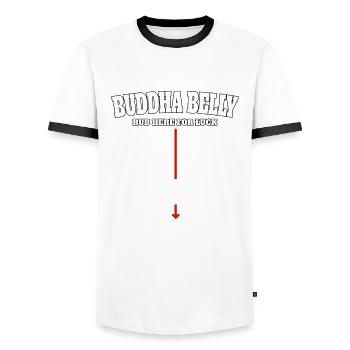 Bouddha ventre frotter ici pour avoir de la chance - T-shirt contrasté Homme - blanc/noir - Devant - AI Model Female 172 light (172cm) & AI Model Male 178 dark (178cm)