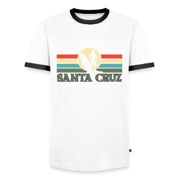 Santa Cruz, CA, California - Men's Ringer Shirt - white/black - Front - AI Model Female 172 light (172cm) & AI Model Male 178 dark (178cm)