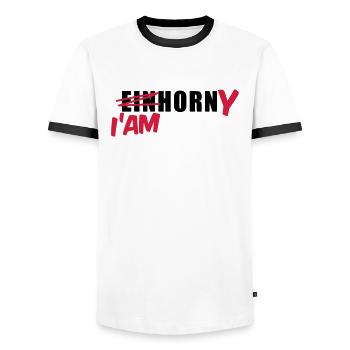 Mallorca T-Shirt Einhorn I'am Horny Shirt - Männer Kontrast-T-Shirt - Weiß/Schwarz - Vorne - AI Model Female 172 light (172cm) & AI Model Male 178 dark (178cm)