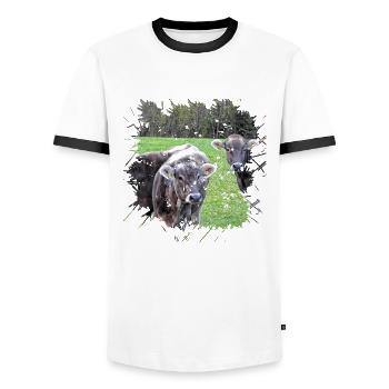 The Tyrol Gray Cattle is an old of cattle - Men's Ringer Shirt - white/black - Front - AI Model Female 172 light (172cm) & AI Model Male 178 dark (178cm)