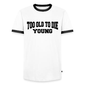 Too old to die young - Männer Kontrast-T-Shirt - Weiß/Schwarz - Vorne - AI Model Female 172 light (172cm) & AI Model Male 178 dark (178cm)