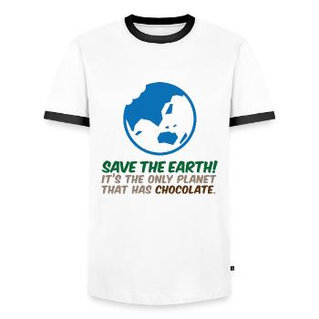 Rettet den Planeten. Hier gibt es Schokolade! - Männer Kontrast-T-Shirt - Weiß/Schwarz - Vorne - AI Model Female 172 light (172cm) & AI Model Male 178 dark (178cm)