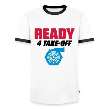 READY FOR 4 TAKE OFF - TURBO BOOST - Männer Kontrast-T-Shirt - Weiß/Schwarz - Vorne - AI Model Female 172 light (172cm) & AI Model Male 178 dark (178cm)
