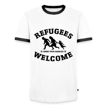 Refugees Welcome (versch. Farben) - Männer Kontrast-T-Shirt - Weiß/Schwarz - Vorne - AI Model Female 172 light (172cm) & AI Model Male 178 dark (178cm)