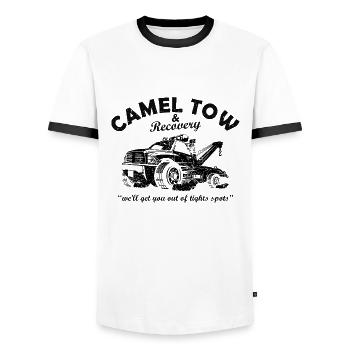 Camel Towing for a Tow Trucker Funny Quote Graphic - Men's Ringer Shirt - white/black - Front - AI Model Female 172 light (172cm) & AI Model Male 178 dark (178cm)