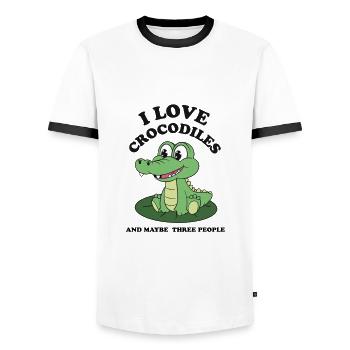 Cute Crocodile T-Shirt - Animal Lover Shirt - Men's Ringer Shirt - white/black - Front - AI Model Female 172 light (172cm) & AI Model Male 178 dark (178cm)